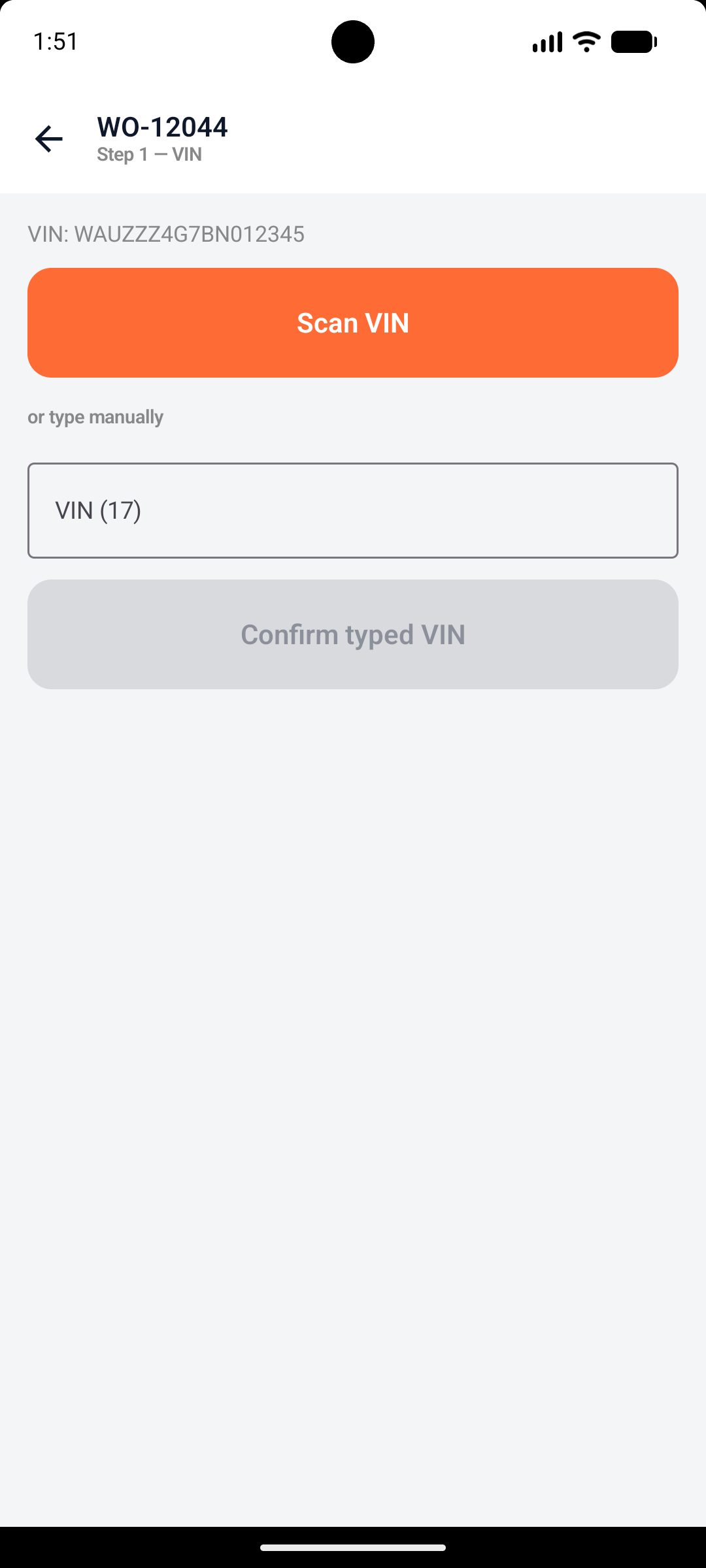 VIN confirmation screen