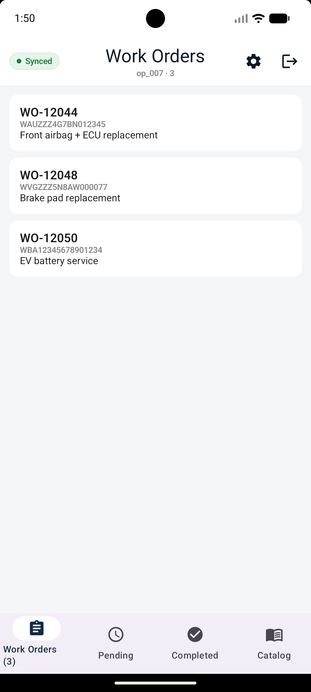 Work orders screen